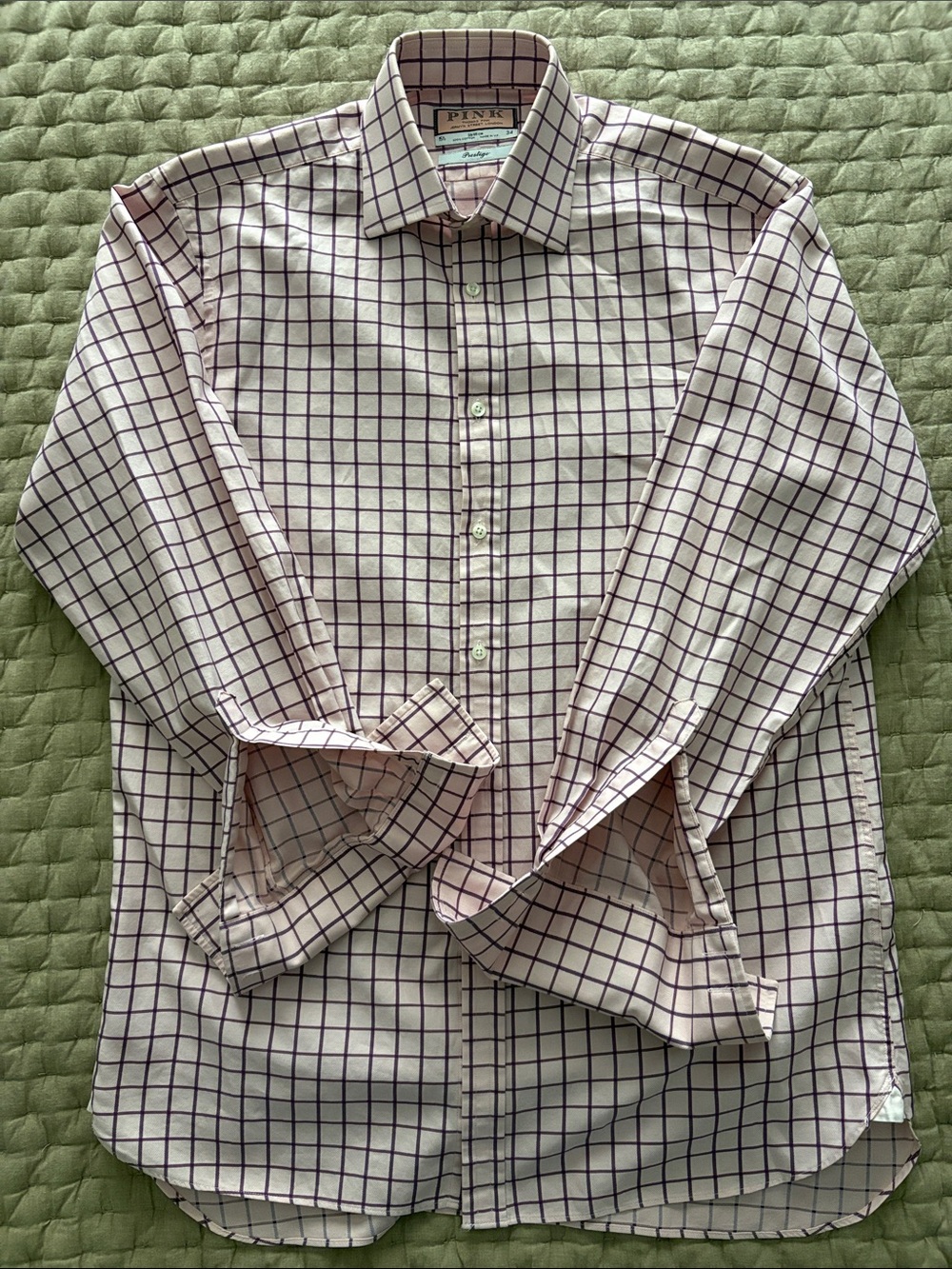 Thomas Pink White Dress Shirt with Purple Windowpane Check